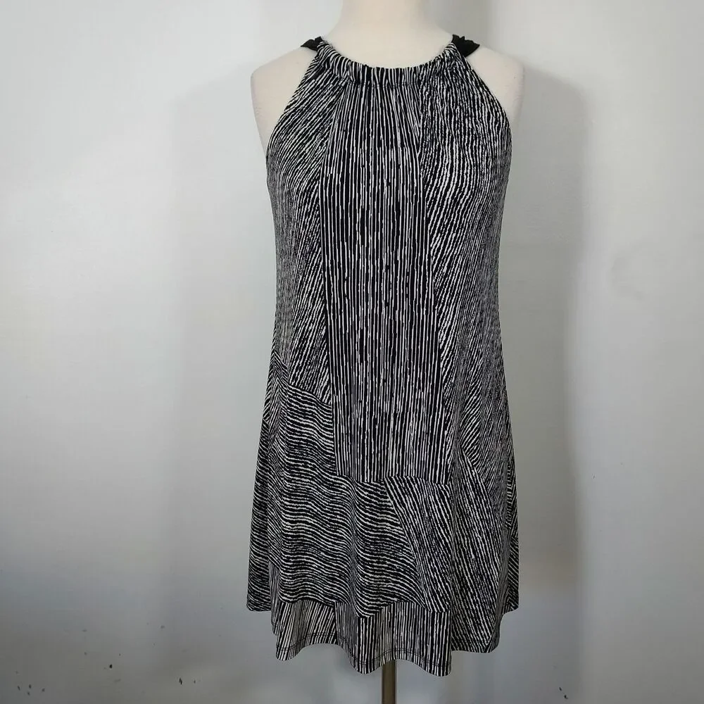 MSK Tunic Mini Dress Women Size 8P Sleeveless Stretch Flowy Black White